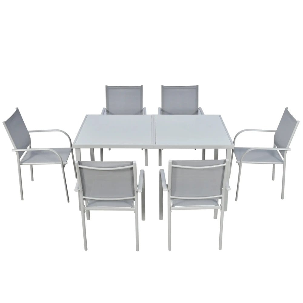 Outsunny 7 Piece Garden Dining Set, Outdoor Table and 6 Stackable Chairs, Steel Frame, Tempered Glass Top Table, Mesh Seats, Grey 11