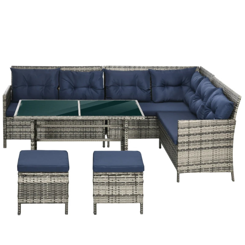 Outsunny 7-Seater Patio wicker Sofa Set Rattan Chair Furniture w/ Glass & Cushioned, Dark Blue