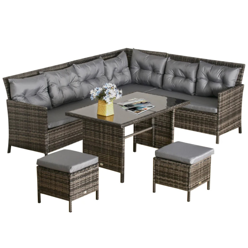 Outsunny 8 Seater Rattan Sofa Set, Rattan Garden Furniture Set with Tempered Glass Table & Thick Cushions, Grey