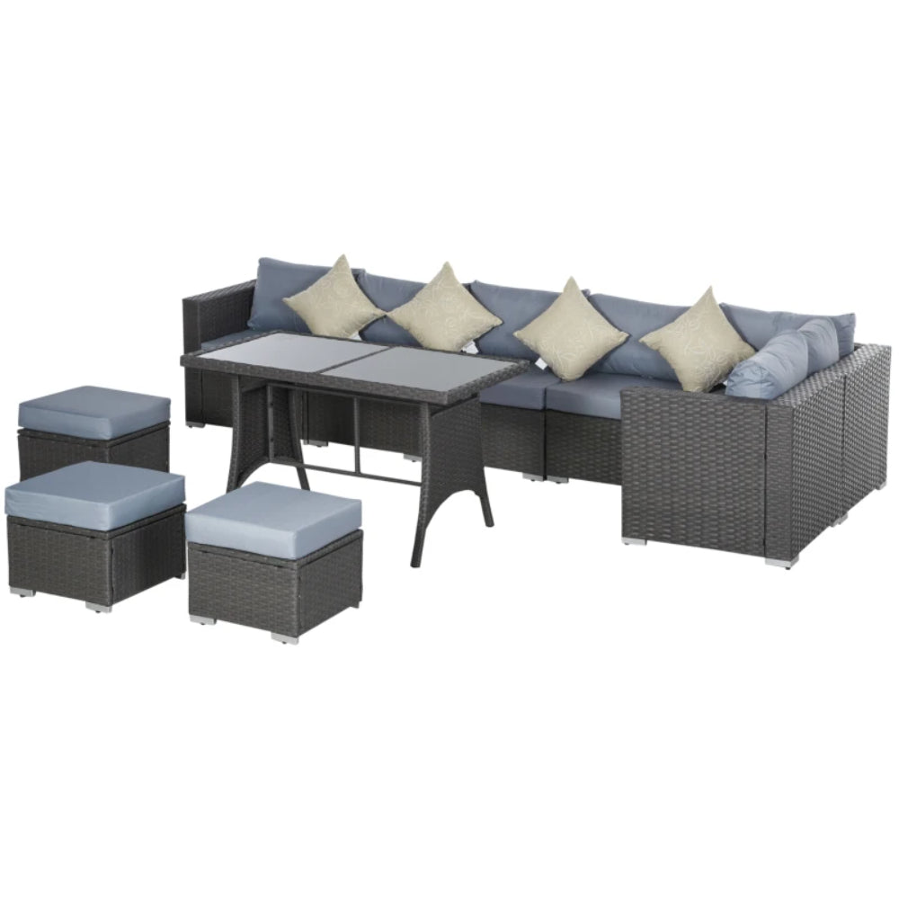 Outsunny 9-Seater Garden Rattan Furniture 10 Pcs Rattan Corner Dining Sofa Set, Grey/Dusty Blue Cushion