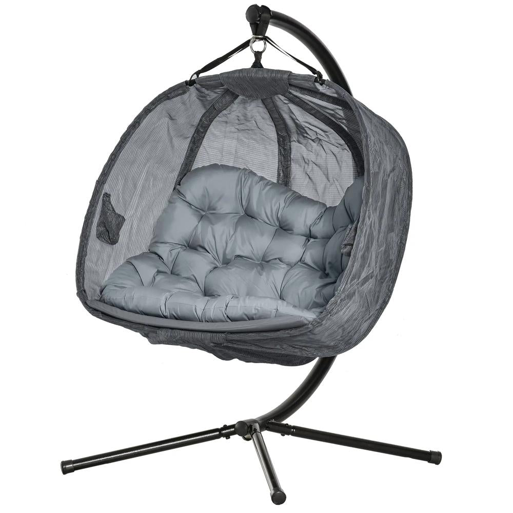 Outsunny Double Hanging Egg Chair 2 Seaters Texteline Swing Hammock Chair with Folding Design, Grey 14