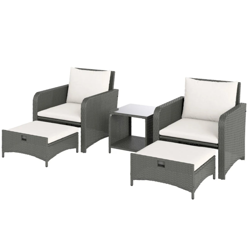 Outsunny Five Piece Rattan Garden Furniture Set with 2-Tier Coffee Table and Ottomans - Cream White
