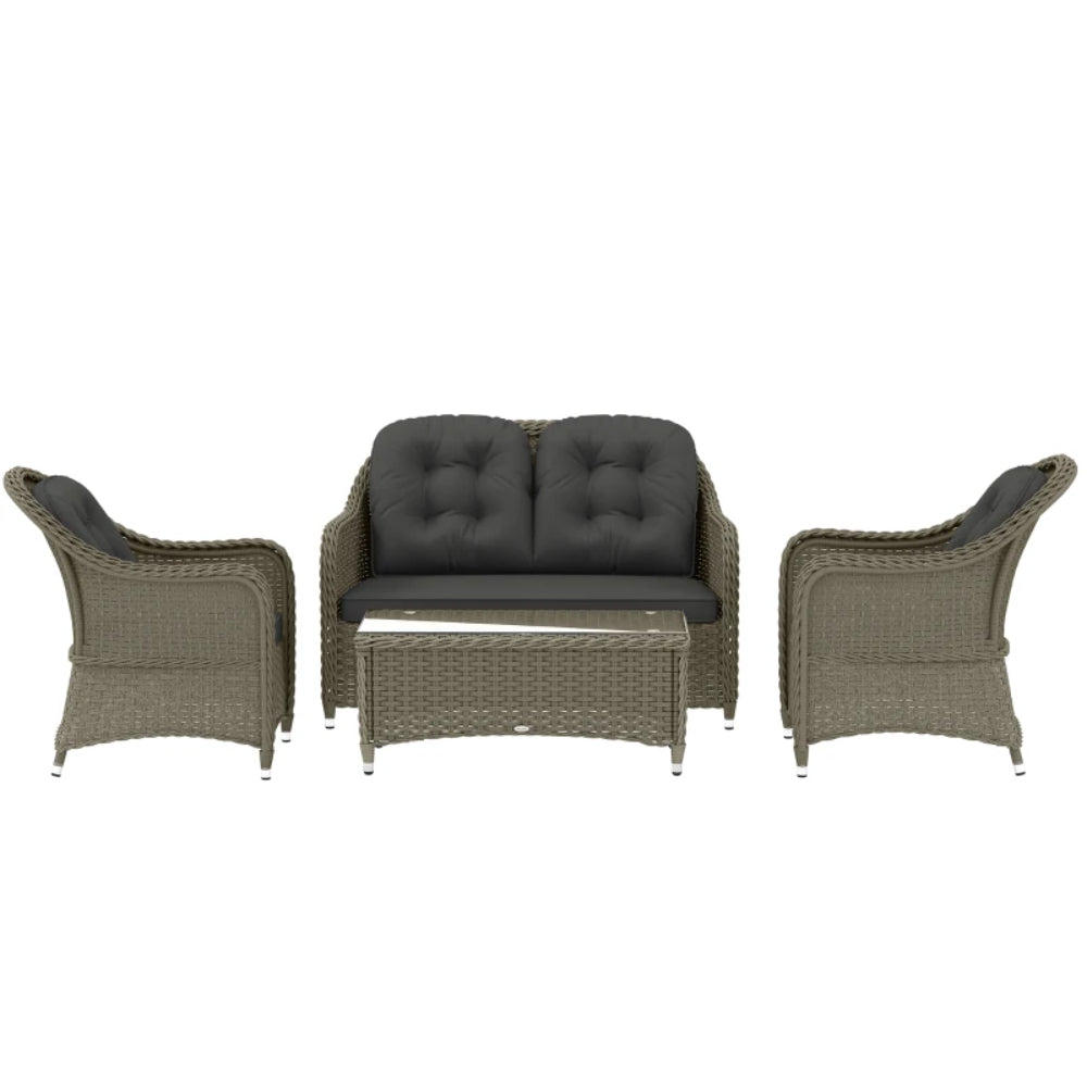 Outsunny Four-Piece Rattan Sofa Set, with Glass-Top Table - Light Grey