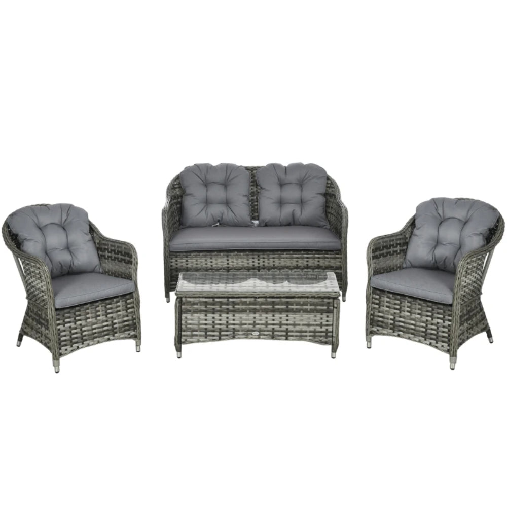 Outsunny Four-Piece Rattan Sofa Set, with Glass-Top Table - Mixed Grey