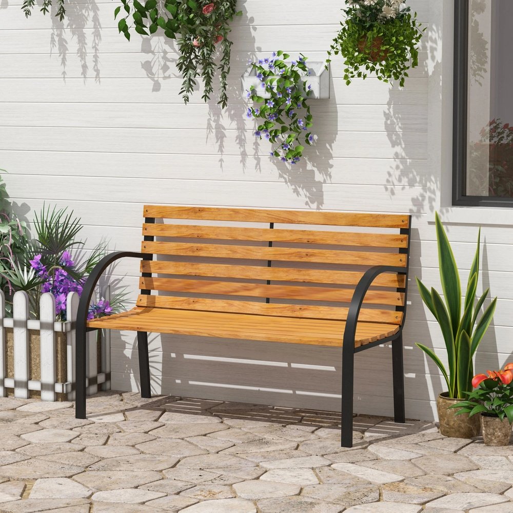 Outsunny Garden Bench, 122Lx60Wx80H cm-Steel/Wood 11