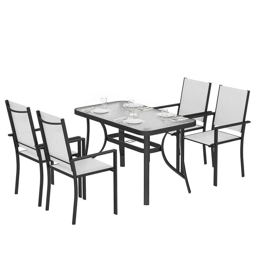 Outsunny Garden Dining Set for 4 with Umbrella Hole, Stackable Chairs and Rectangular Glass-Top Outdoor Table, Light Grey 10