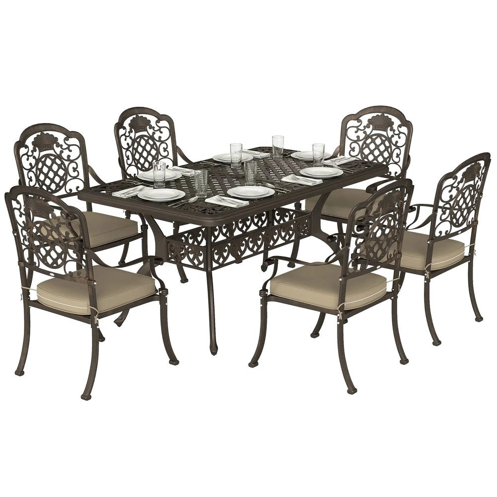 Outsunny Garden Dining Set for 6, Cast Aluminium Outdoor Table and Chairs Set with Cushions, Parasol Hole for Patio, Bronze Tone 10