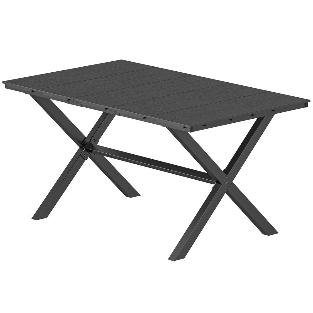 Outsunny Garden Dining Table for 6, Rectangular Outdoor Table with Wood Effect HDPE Top, X-Shaped Metal Legs, Black 10