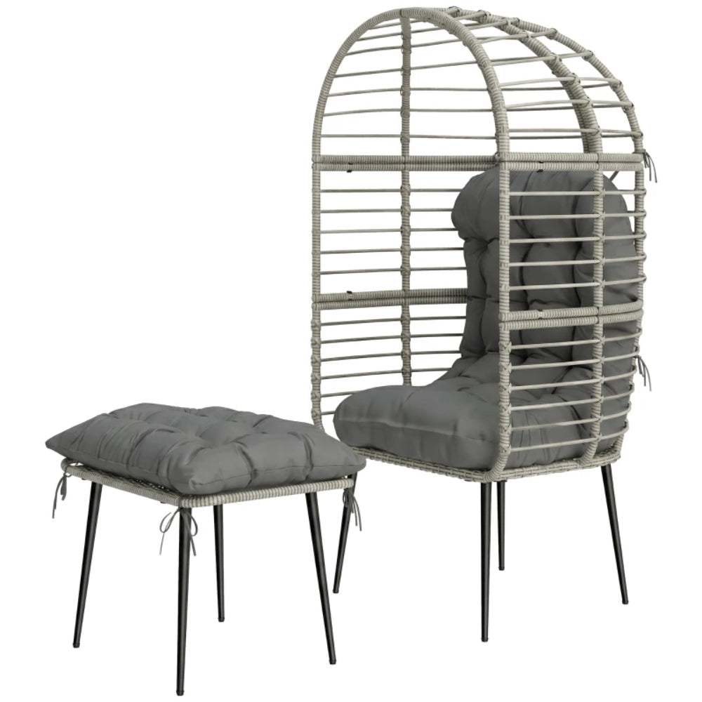 Outsunny Garden Egg Chair with Footstool, Rattan Indoor Outdoor Lounge Chair and Ottoman Set with Thick Cushions