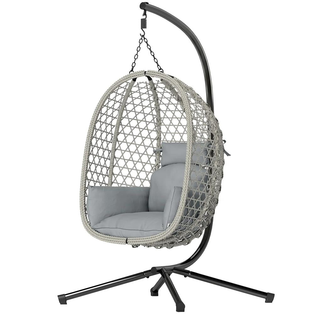 Outsunny Hanging Egg Chair, Indoor Outdoor Rattan Hammock Swing Chair with Stand, Safety Strap, Foldable Basket, Light Grey 9