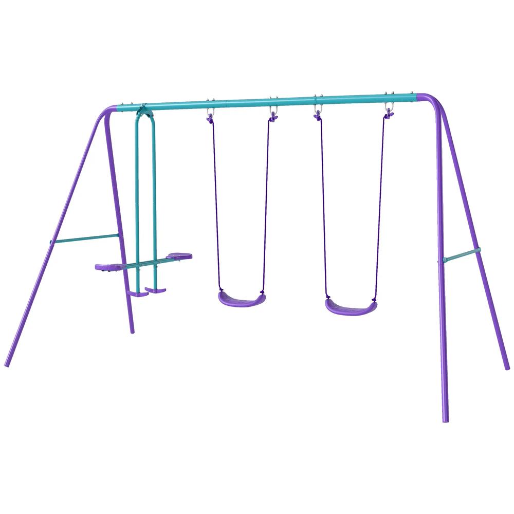 Outsunny Metal Swing Set, with Seesaw, Adjustable Height, for Ages 3+ Years, Purple 10