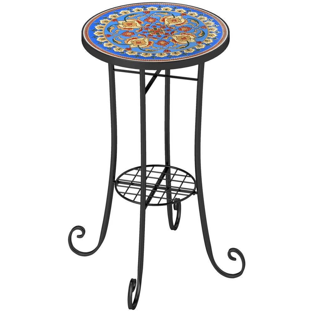 Outsunny Mosaic Garden Table, 35.5 cm Round Outdoor Table with Shelf, Ceramic Tile Top, Small Garden Side Table Bistro Table End Table Plant Stand for Indoor, Patio, Balcony, Blue 10