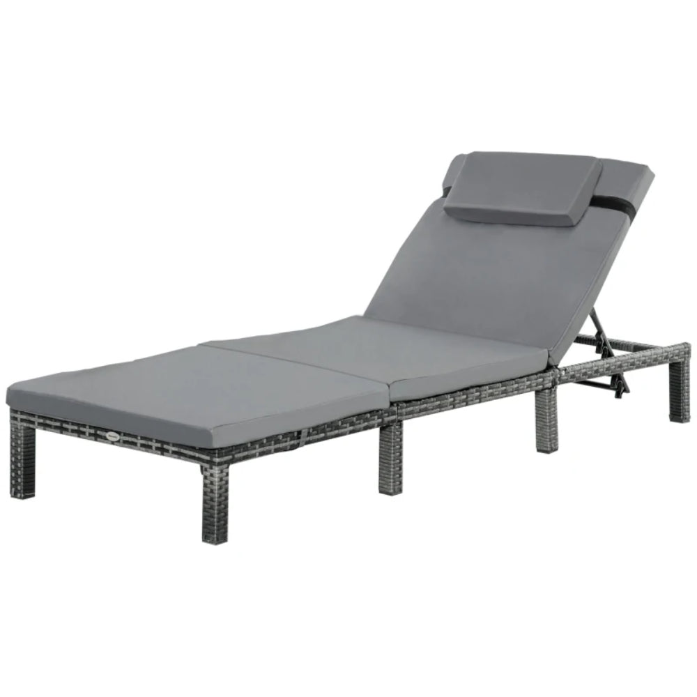 Outsunny Rattan Sun Lounger, 5-Level Adjustable Garden Lounger Recliner with Cushion and Headrest, Outdoor Reclining Sunbed, Steel Frame Garden Chair for Patio, Beach, Terrace, Dark Grey