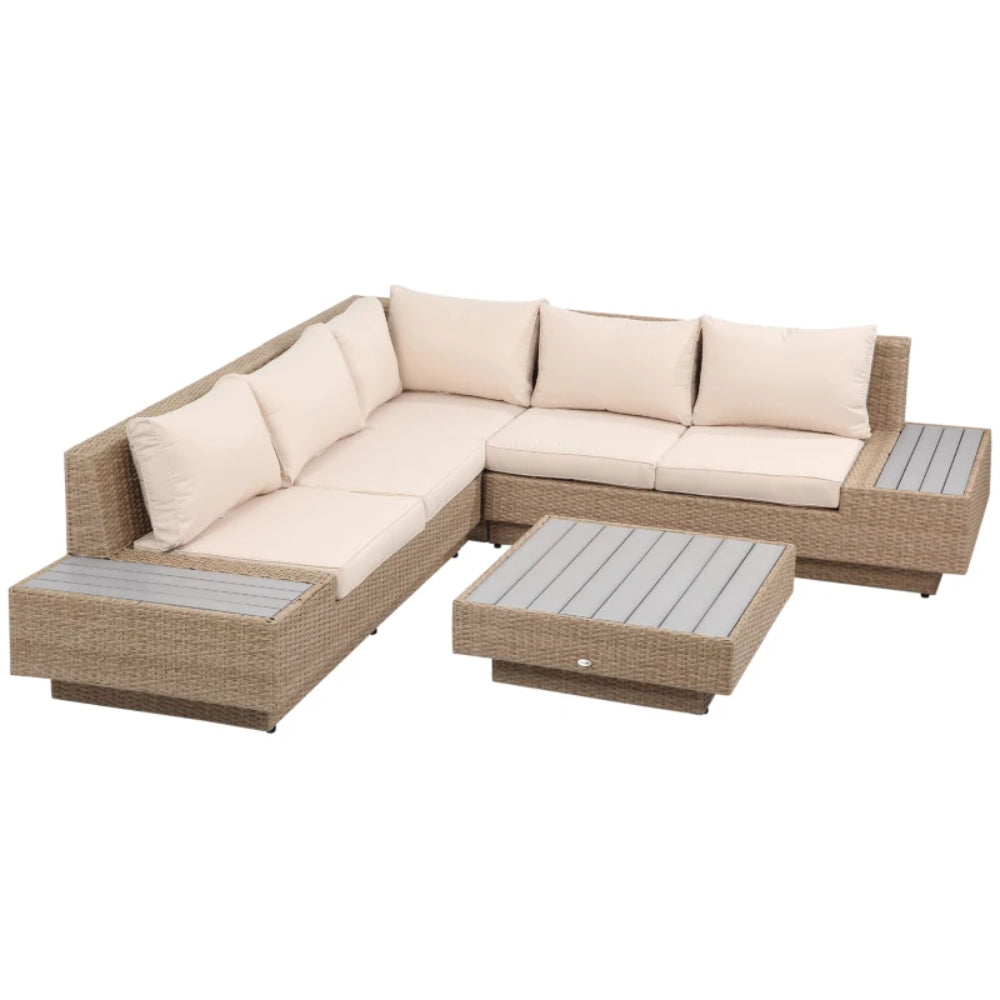 Outsunny 4 Pieces Rattan Garden Furniture Set, Garden Corner Sofa with Side Trays, Wicker Conservatory Furniture Set with Loveseats, Slatted Plastic Top Coffee Table and Cushions, Beige