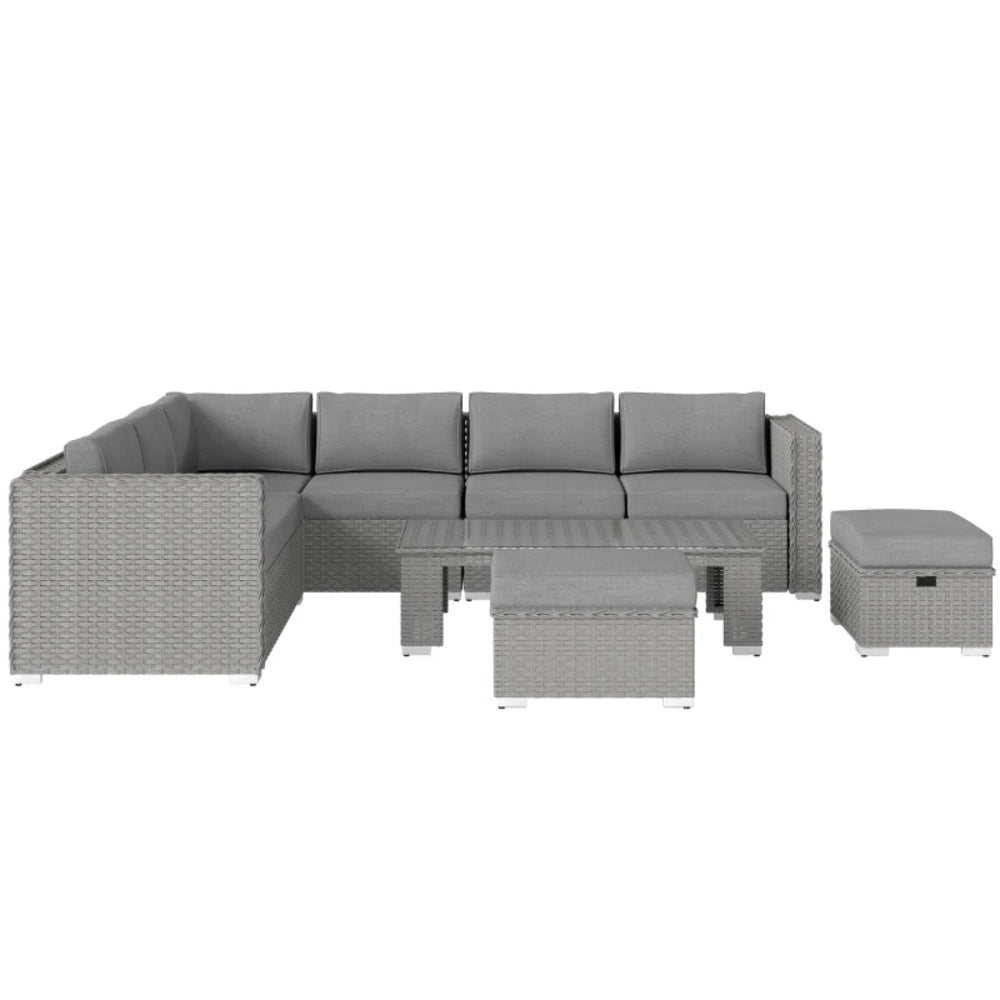 Outsunny 6 Pieces Outdoor PE Rattan Wicker Corner Sofa Set with 10cm Thick Padded Cushions, Aluminium Conservatory Furniture with Glass Top Coffee Table, Footstools, Grey
