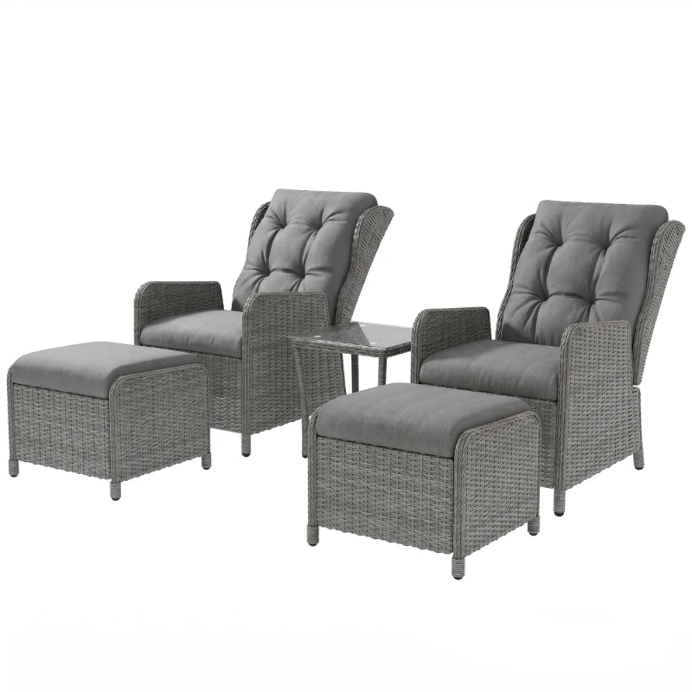 Outsunny 5 Pieces Rattan Bistro Set with Adjustable Back, Reclining Wicker Balcony Furniture with Cushions, Glass Top Coffee Table and Footstools, Outdoor Table and Chairs, Light Grey