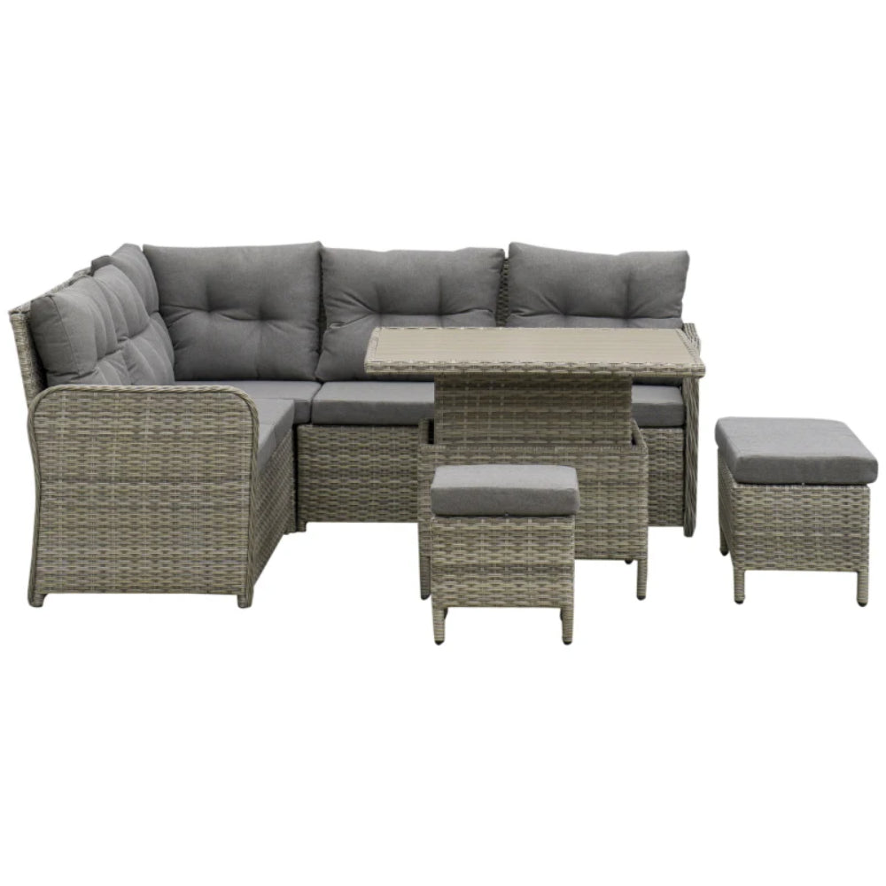 Outsunny 7 Seater Rattan Garden Furniture Set, 6 Piece Patio Dining Set with Liftable Coffee Table and Soft Padded Cushion, Wicker Sectional Conversation Corner Sofa, 123 x 55 x 84 cm