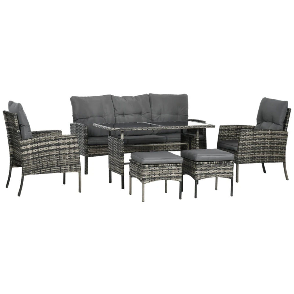 Outsunny 5 Seater Rattan Garden Furniture Set, 2 Armchairs, 3-Seater Wicker Sofa, 2 Footstools and Glass Table, 6 Piece Patio Rattan furniture Sofa Sets with Cushions for Conservatory, Mixed Grey