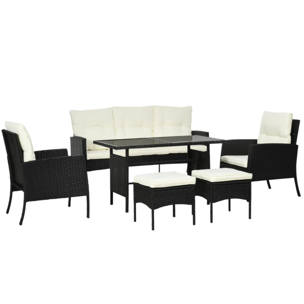 Outsunny 7 Seater Rattan Garden Furniture Set, 6 Piece Garden Dining Set, Armchairs, 3-Seater Sofa, Footstools, Glass Dining Table, Cushions, Wicker Outdoor Furniture for Conservatory Patio, Cream