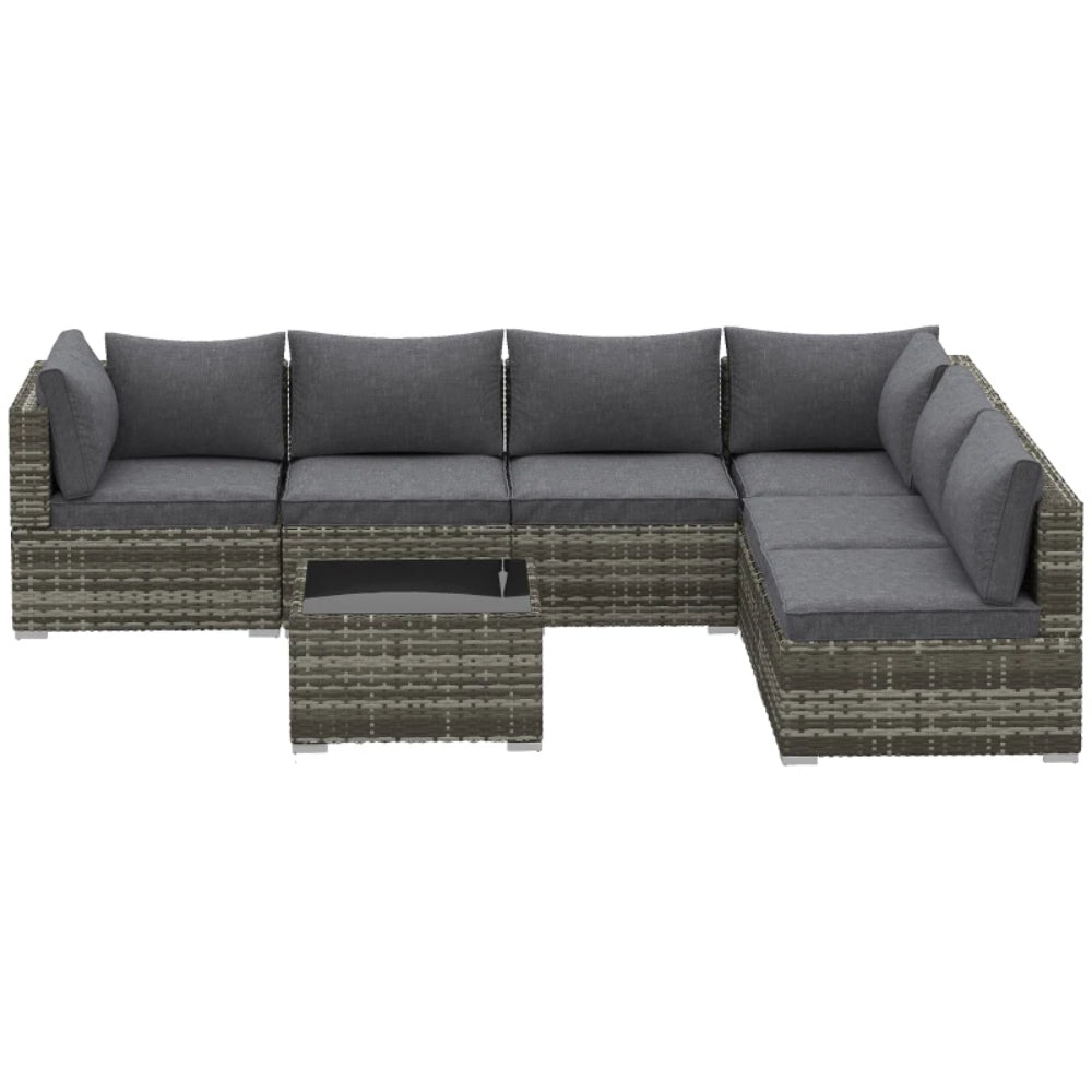 Outsunny 7 Pieces Outdoor PE Rattan Corner Sofa Set, Patio Wicker Conversation Chaise Lounge Furniture w/ Tempered Glass Table-top & Soft Padded Cushion for Garden, Backyard, Lawn, Dark Grey