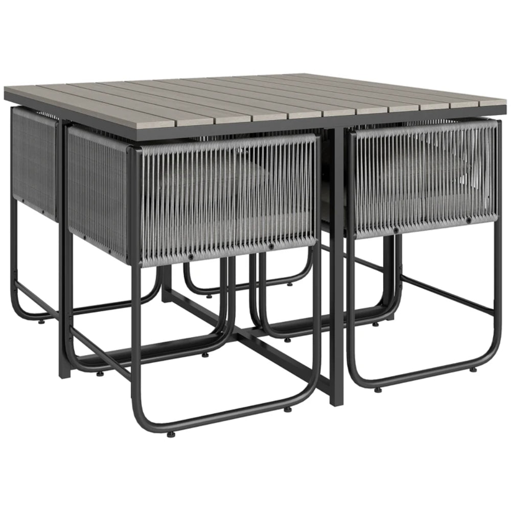 Outsunny 4 Seater Rattan Cube Garden Furniture Set, Rattan Dining Set with Cushions, Outdoor Dining Table and Chairs with Rectangular Wood Grain Plastic Top Table for Patio, Balcony