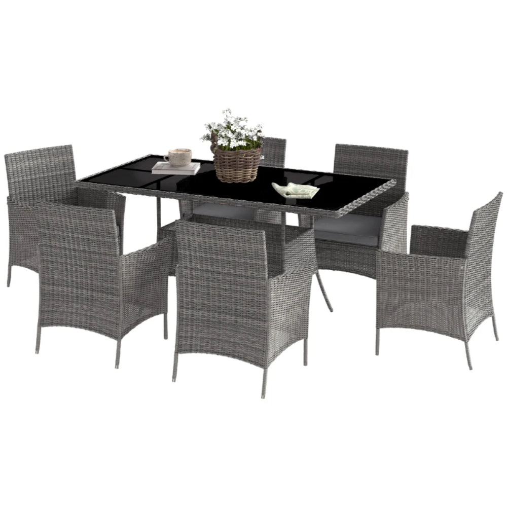 Outsunny 7-Piece Rattan Garden Furniture Set with Cushions, 6 Seater Garden Table and Chairs, Rattan Dining Set with 6 Armchairs, Rectangular Glass Top Table, Charcoal Grey