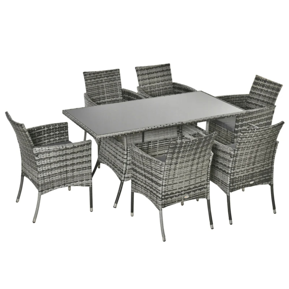 Outsunny 7-Piece Rattan Garden Furniture Set with Cushions, 6 Seater Garden Table and Chairs, Rattan Dining Set with 6 Armchairs, Rectangular Glass Top Table, Grey