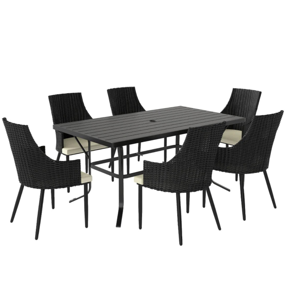 Outsunny 6 Seater Rattan Dining Set with Cushions, Garden Furniture Set with Armchairs, Rectangle Slatted Table Top, Steel Frame, Parasol Hole, Wicker Outdoor Furniture for Patio, Balcony, Cream White