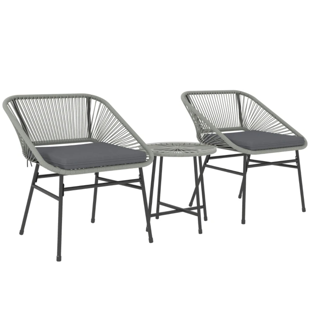 Outsunny 3 Pieces Rattan Bistro Set, Wicker Small Garden Table and Chairs Set with Cushions and Glass Top Coffee Table, Bistro Garden Furniture Set for Outdoor, Patio, Balcony