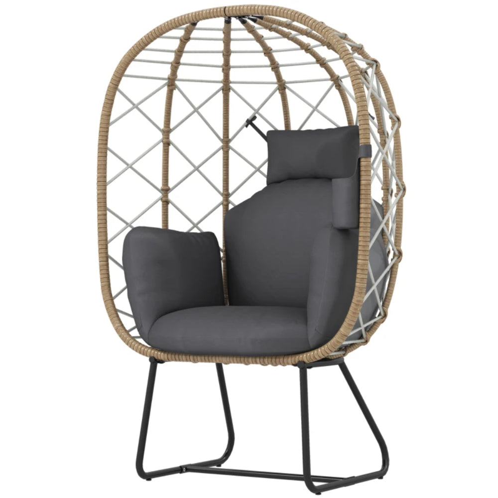 Outsunny Rattan Egg Chair Outdoor Indoor Wicker Chair with Thickened Cushion and Headrest, Standing Garden Egg Chair with Cup Holder, Metal Frame for Patio, Balcony, Brown
