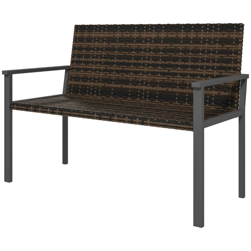 Outsunny 2 Seater Rattan Garden Bench, Outdoor Bench with Quick-Drying Cotton Padding, Wicker Garden Loveseat with Armrests, Steel Frame for Patio, Park, Mixed Brown