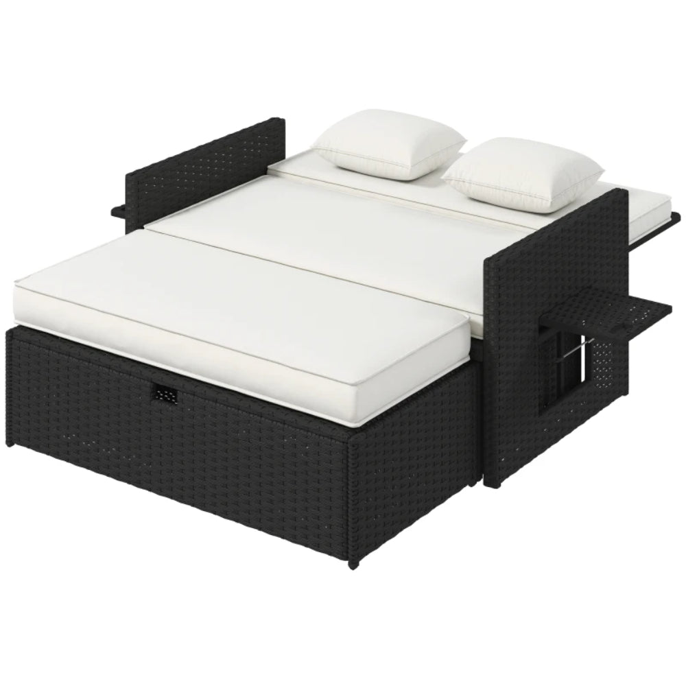 Outsunny Rattan Garden Daybed, Double Sun Lounger with 5-Level Adjustable Back, Storage Ottoman, Cream White