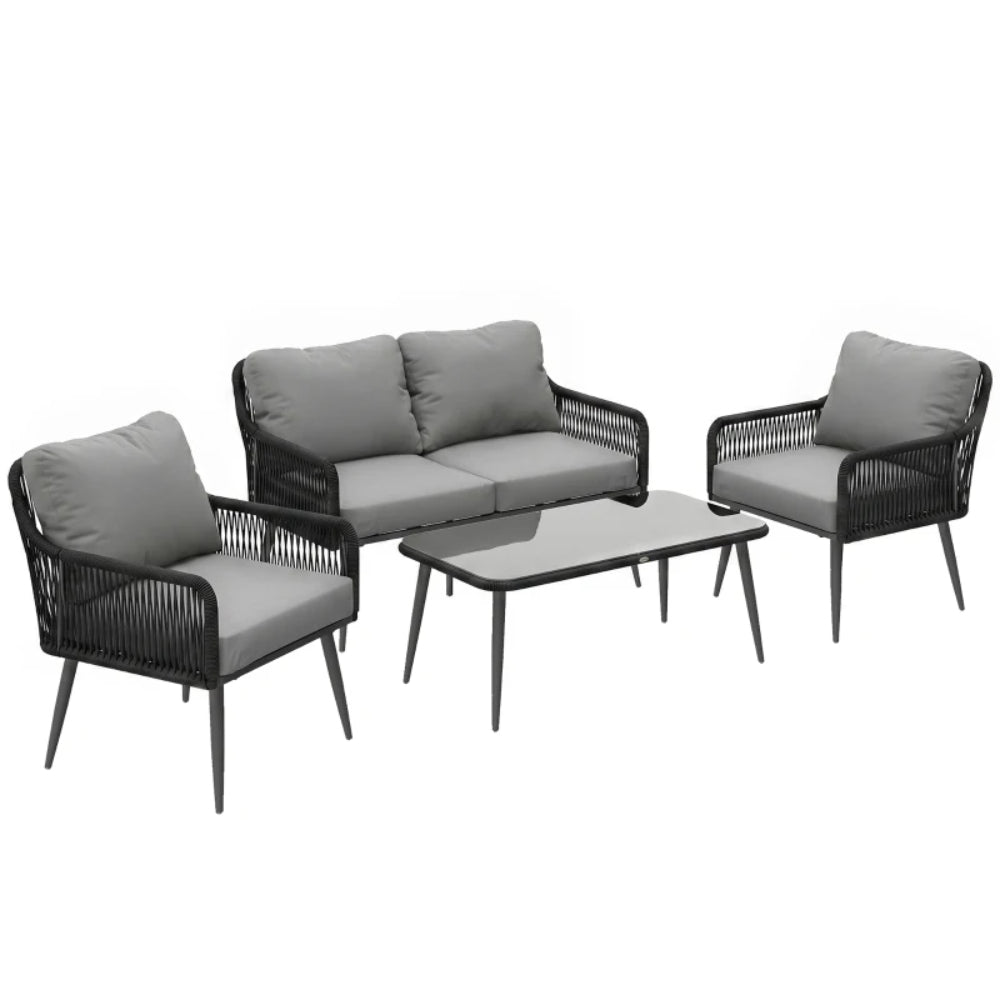 Outsunny Rattan Garden Furniture Set, 4 Piece Outdoor Patio Furniture with Tempered Glass Table and Chairs, Indoor Balcony Conservatory Set