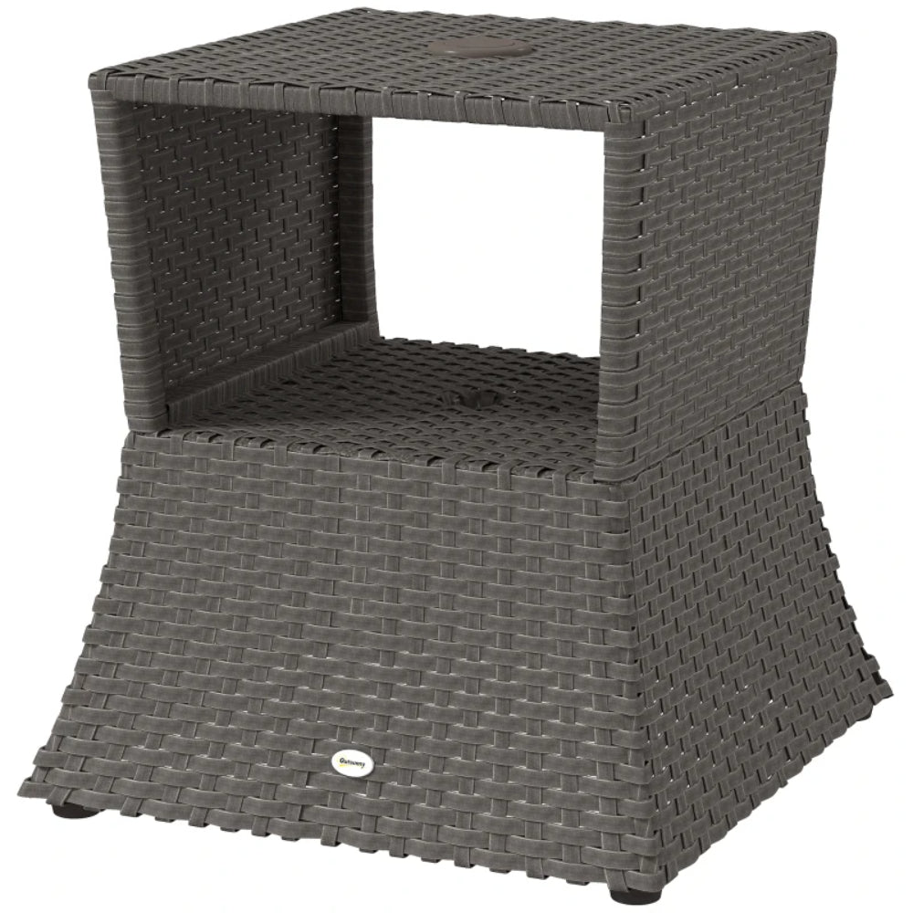 Outsunny Rattan Outdoor Coffee Table, Wicker Garden Patio Bistro Side Table with Umbrella Hole and Storage Space, Dark Grey