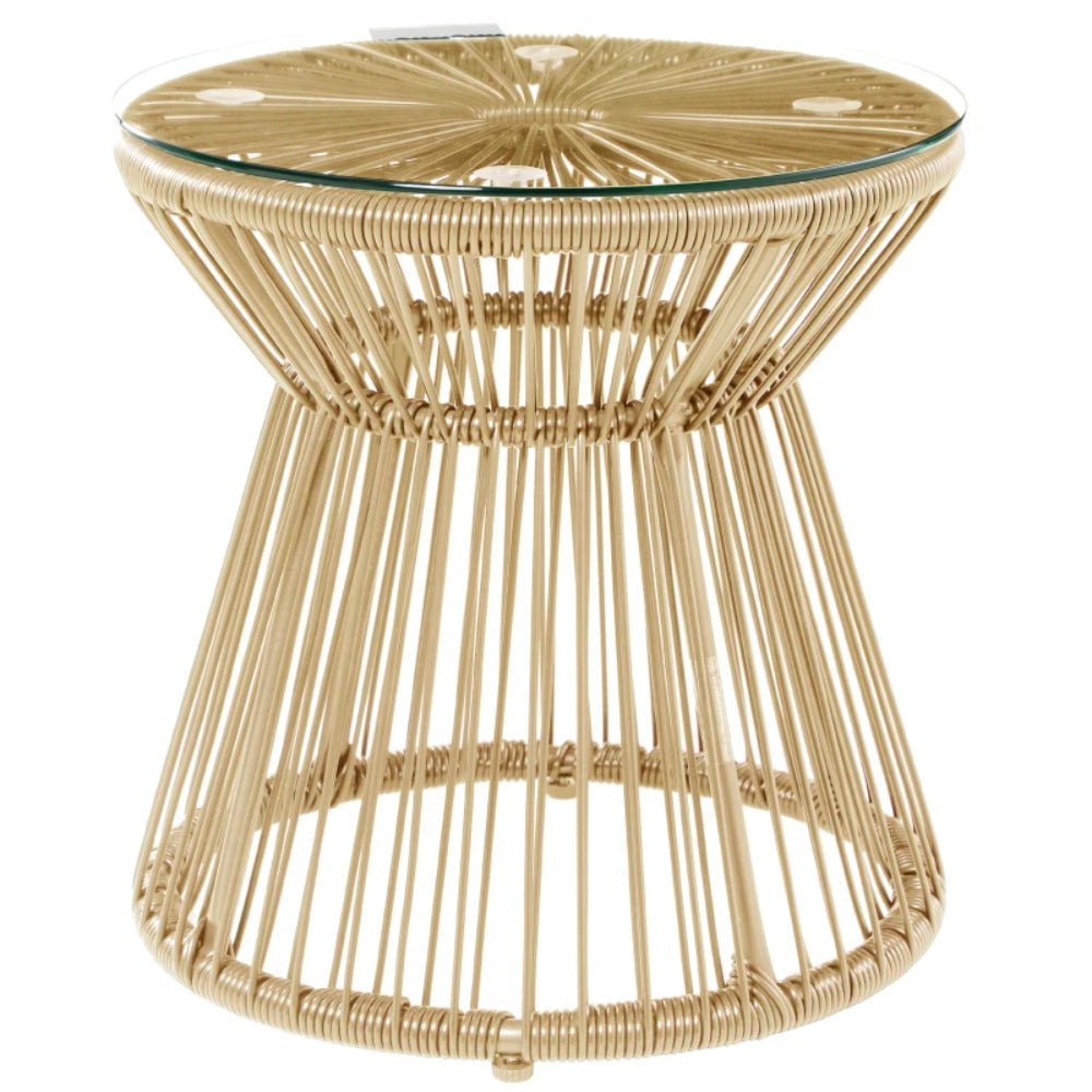 Outsunny Round End Table, Rattan Side Table, Hollow Drum Design Coffee Table w/ Glass Tabletop for Patio, Garden, Balcony