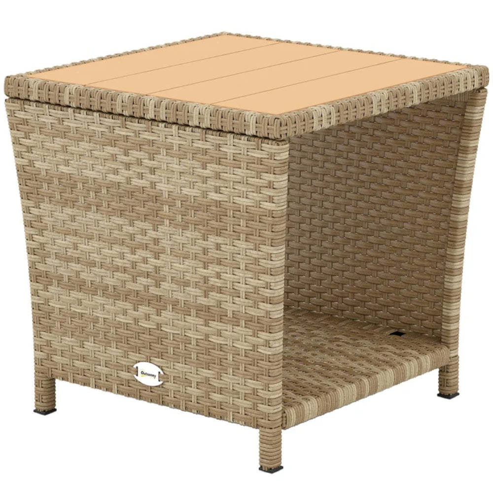 Outsunny Side Table 2-Tier Outdoor Coffee Table with Storage Shelf PS Wood Slat Top