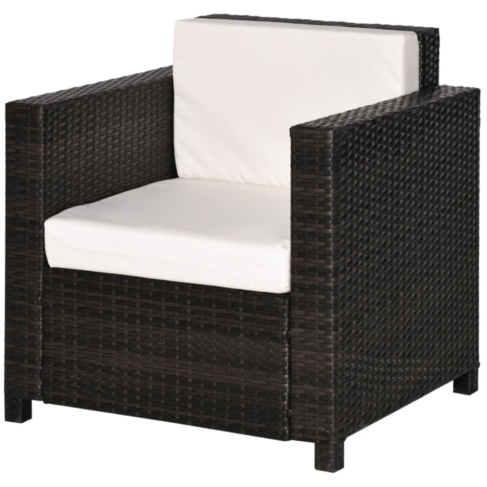 Outsunny Single Seater Rattan Chair, PE Wicker Garden Armchair with 10 cm Thickened Cushion, All-Weather Rattan Garden Chair with Armrests, Brown