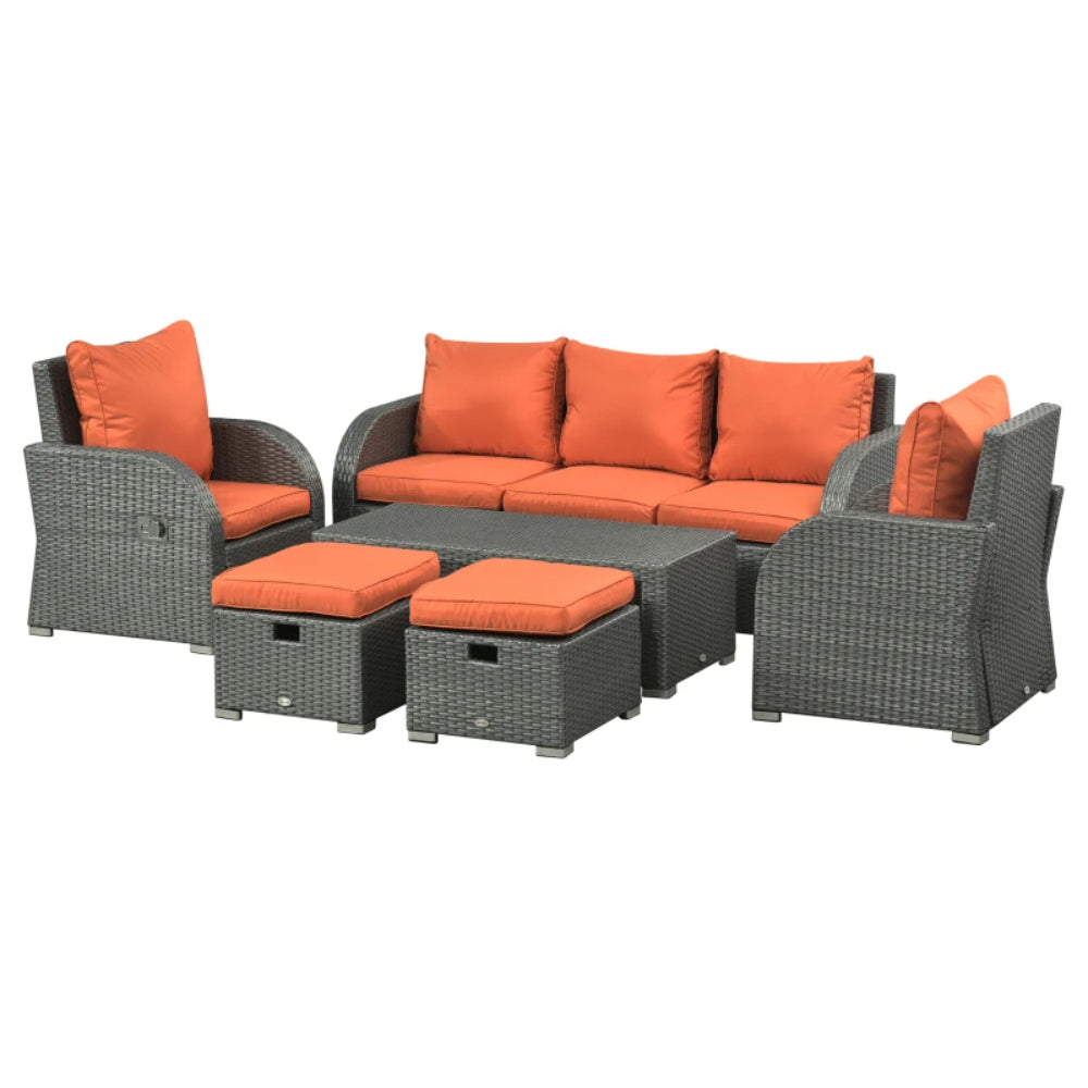 Outsunny Six-piece Outdoor Rattan Dining Set, Outdoor Sofa Set with Reclining Armchairs and Mental Frame
