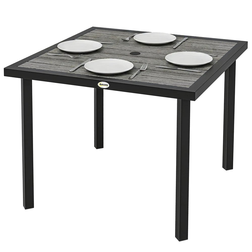 Outsunny Square Garden Dining Table with Parasol Hole, Slatted Top, Metal Frame, 86 x 86 x 71 cm, Light Grey 10