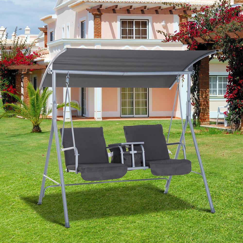 Outsunny Steel Frame 2-Seater Swing Chair w/ Table Grey 14