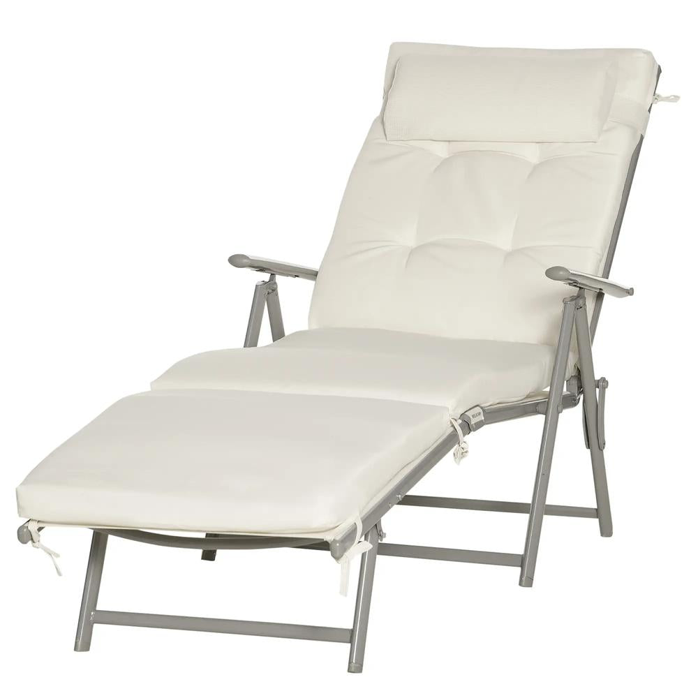 Outsunny Sun Lounger Steel Frame Outdoor Folding Chaise Texteline Lounge Chair Recliner with Headrest & 7 Levels Adjustable Backrest 51