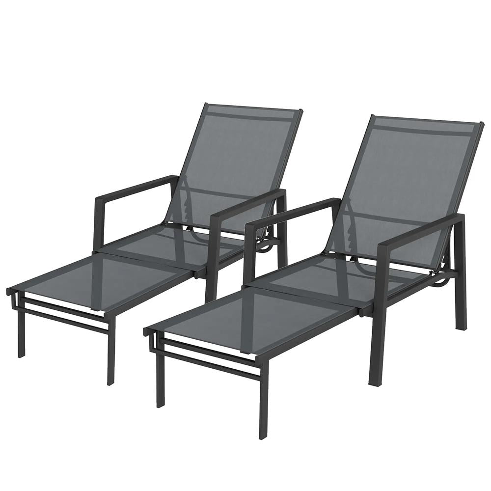 Outsunny Sun Loungers Set of 2 Retractable Footrest 5-Position Adjustable Steel Frame for Beach, Porch, Patio, Camping 20
