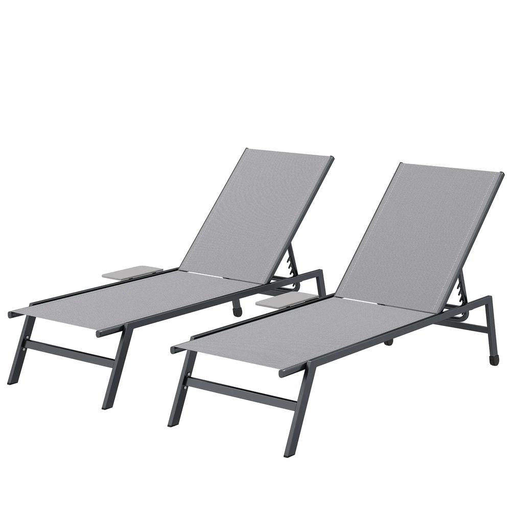 Outsunny Sun Loungers Set of 2 with Side Tray Table, Garden Recliners with 5-Position Adjustable Backrest, 2 Wheels 20