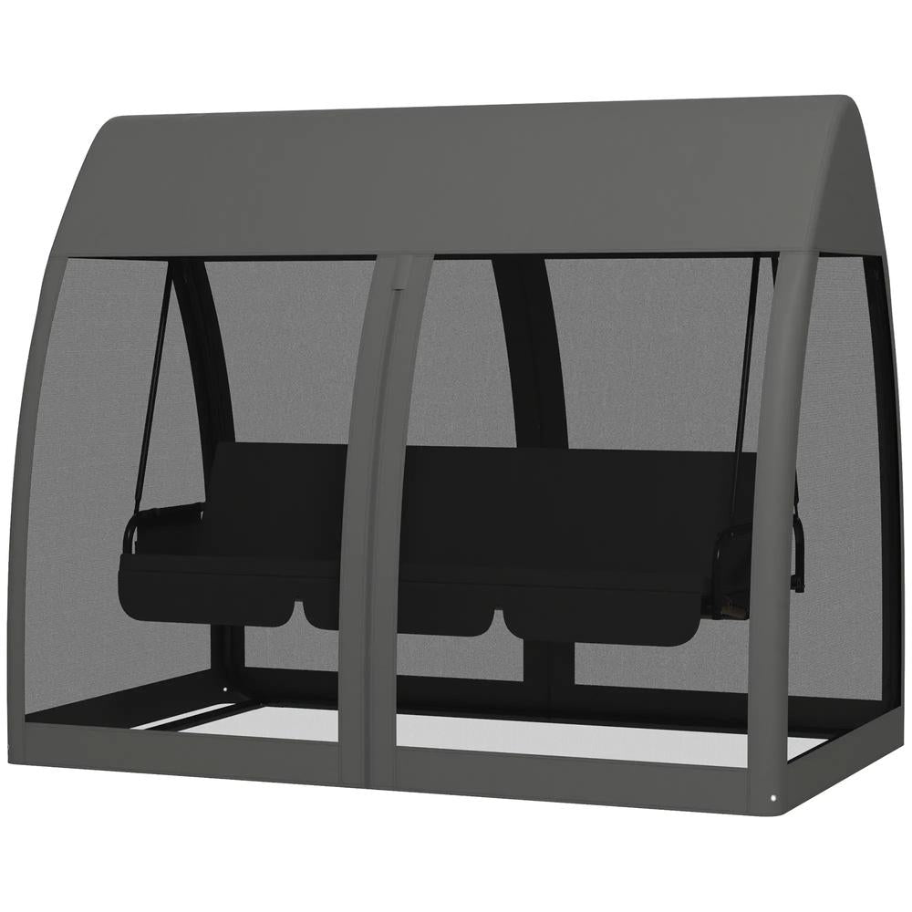 Outsunny Three-Seater Convertible Swing Chair/Bed, with Curtained Canopy - Grey 10