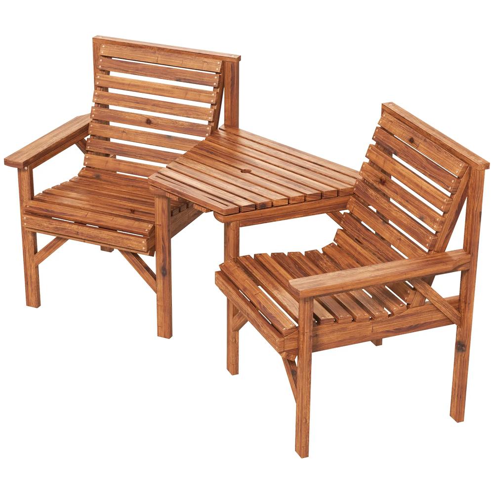Outsunny Wooden Garden Love Seat w/ Coffee Table Umbrella Hole, Tan Brown 10