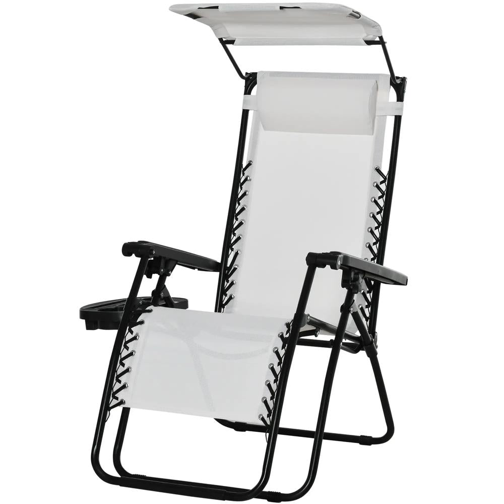 Outsunny Zero Gravity Garden Folding Patio Sun Lounger w/Cup Holder & Canopy Shade White 12