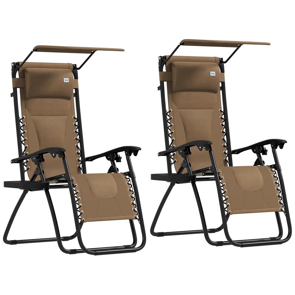Outsunny Zero Gravity Lounger Chair Set of 2, Folding Reclining Patio Chair with Shade Cover, Padded Seat, Cup Holder, Soft Cushion and Headrest for Poolside, Camping 40