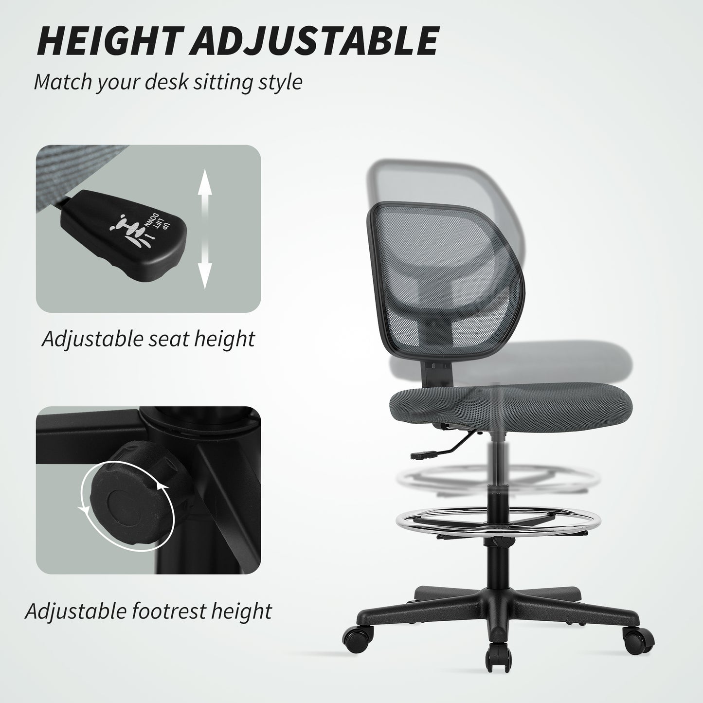 Ergonomic Mesh Standing Desk Chair Footrest Ring Seat - Vinsetto image 3
