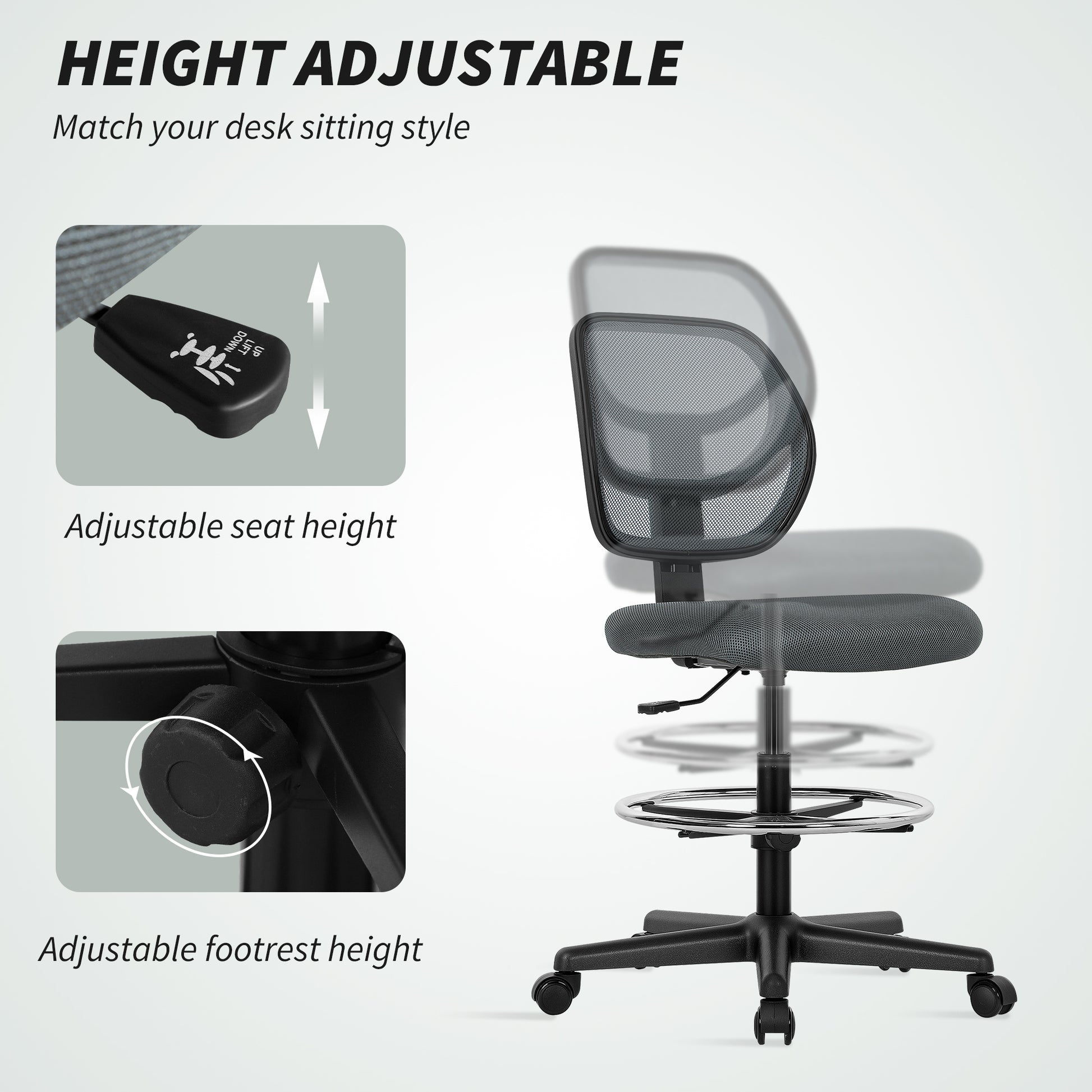 Ergonomic Mesh Standing Desk Chair Footrest Ring Seat - Vinsetto image 3