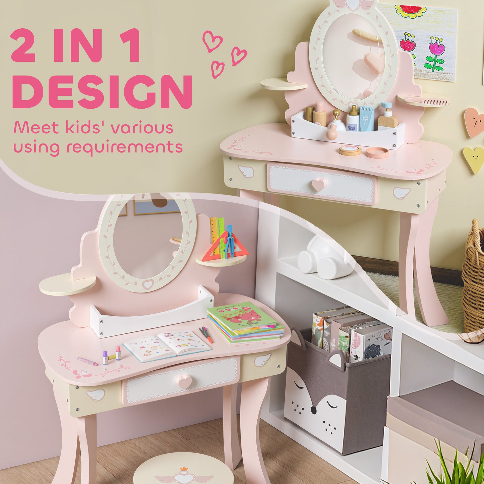 Girls Vanity Set Mirror Stool 7 Play Accessories Pink - Aiyaplay image 3
